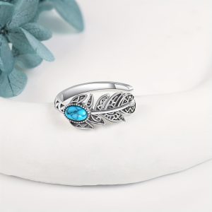 Feather Ring Sterling Silver Turquoise Adjustable Feather Rings Vintage Statement Ring For Women