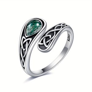 925 Sterling Silver Moss Agate Spoon Ring For Women Vintage Celtic Ring Gothic Jewelry Open Ring