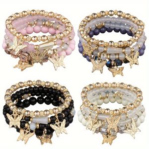 16pcs/set Bohemian Elegant Hand Jewelry Gifts, Sparkling Artificial Crystal Butterfly Multi-layer Beaded Fashion Bracelet, Elastic Charm Beaded Bracelet, Perfect Gift For The Stylish Lady Girls- DIY Bead Jewelry