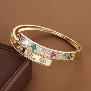 Colorful Four-leaf Clover Flower Shaped zirconia Cuff Bangle Elegant Delicate Floral Design Bangle