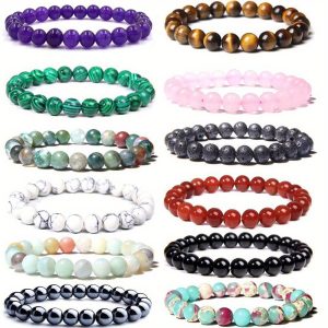 12PCS 8mm Natrural Stone Beaded Stretch Bracelets For Men, Gemstones Round Beads Energy Power Crystal Reiki Healing Elastic Stretch Bracelet For Women men Father's Day gift Christmas Halloween Gift