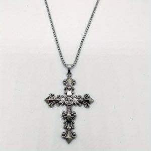 1Pc Vintage Cross Floral Gothic Style Alloy Silver Color Long Necklace Womens Party Vacation Birthday Gift