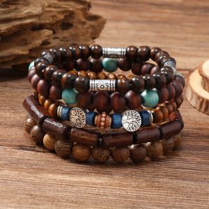 5pcs Vintage Minimalist Life Tree Texture Multi-layer Wooden Bead Bracelet with Fashionable and Creative Thanksgiving Gift Accessories