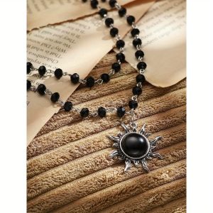 Sacina Gothic Black Sun Necklace, Black Sun Crystal Pendant, Black Bead Choker Necklace, Gothic Necklace, Goth Necklace, Halloween Christmas New Year Jewelry Gift for Women