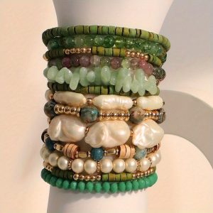 13pcs Bohemian Handmade Beaded Bracelets Set, Green Stacked Bracelets for Women, Resin Natural Gravels Faux Pearl Beaded Stretch Bracelets for Ladies