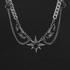 A silver stainless steel accessory with dark wind wings and a starry necklace, fashionable and high-end, simple and trendy, versatile for men and women, niche for daily gatherings, holidays, parties, etc