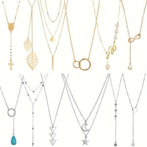 12 Pieces Long Pendant Necklace Set Y Tassel Leaf Circle Bar Necklace For Women