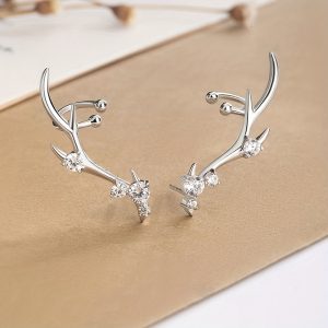 1pair Flower Bud Deer Crown Earrings, Silver Niche Design Symmetrical Earrings