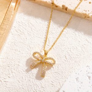 A Golden Stainless Steel Jewelry 18K Gold-plated Cubic zirconia Bow Necklace Ins Simple Retro Fashion Simple Joker Ladies Daily Party Holiday Party To Wear