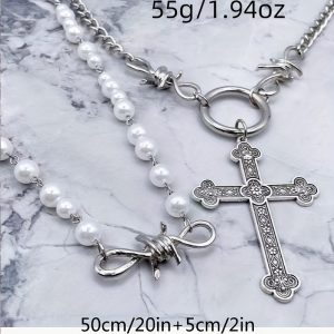 1Pc Vintage Cross Chain Chain Classic Alloy Silver Color Women Pendant Necklace Gift Party