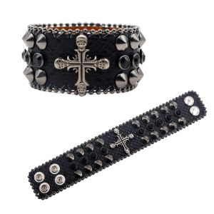 Gothic Punk Rivet Bracelet with Skull Cross and Rhinestones, Y2K Style PU Leather Bangle, Glass Mosaic, Fashion Accessory for Men and Women