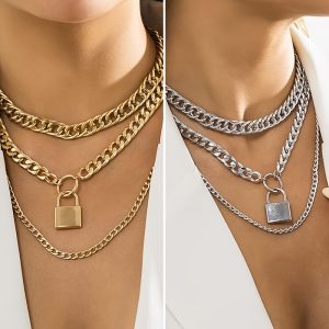 2pcs Thick Chain Necklace Punk Layered Necklace Cuban Chain Necklace Lock Pendant Necklace Personality Necklace