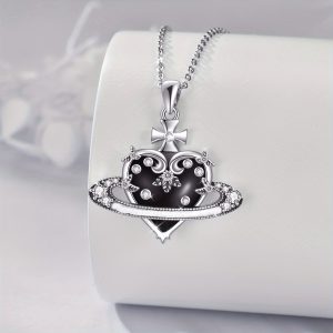 Witch Heart Necklace Punk Heart Saturn Necklace Sterling Silver Black Heart Gothic Jewelry For Women